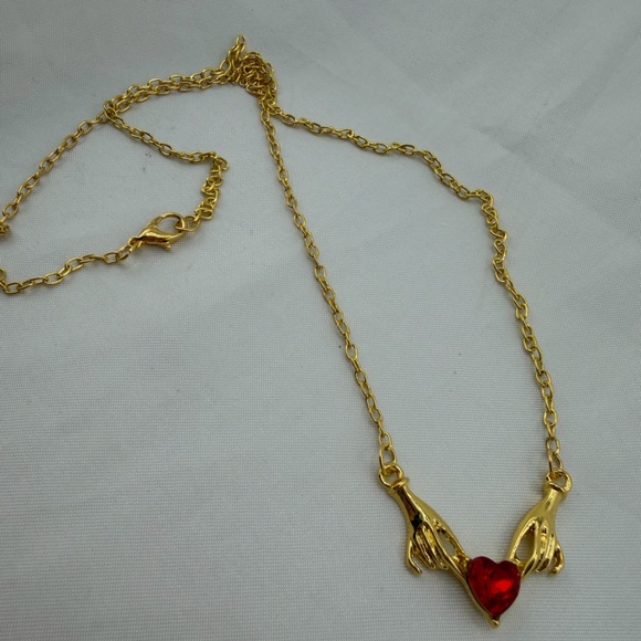 Gold Hands Holding Red Heart Necklace Romantic - Picture 9 of 11